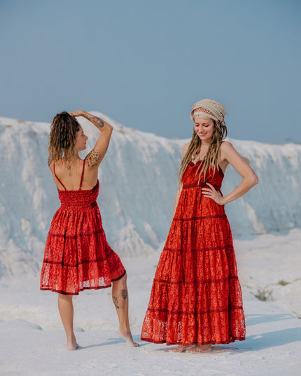 Litha Dress Lang Marroon Rood