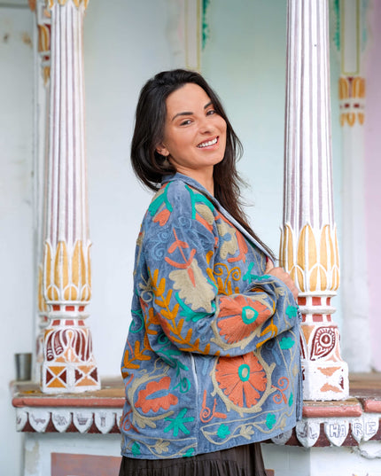 Velvet Suzani Jacket Grijs/ Lichtblauw
