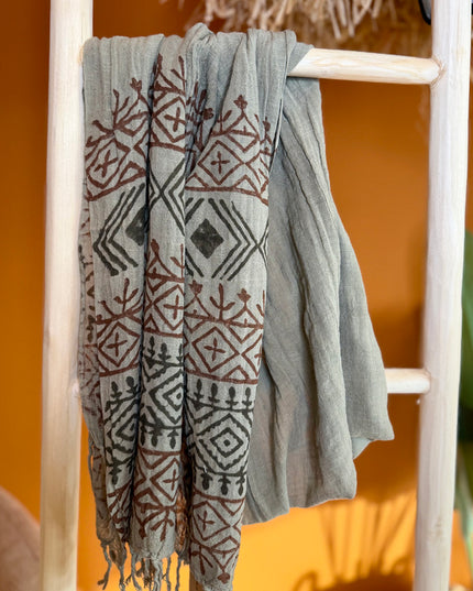 Handblock Katoenen Sjaal Mosgroen