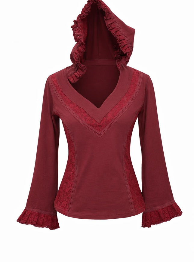 Elven Hoodie Top Maroon Red